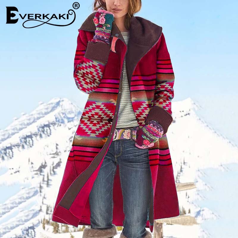 Everkaki Etnische Print Lange Jas Vrouwen Herfst Bovenkleding Met Hoed Dames Boho Dikke Jassen Losse Vrouwelijke Winter Mode: Red / S
