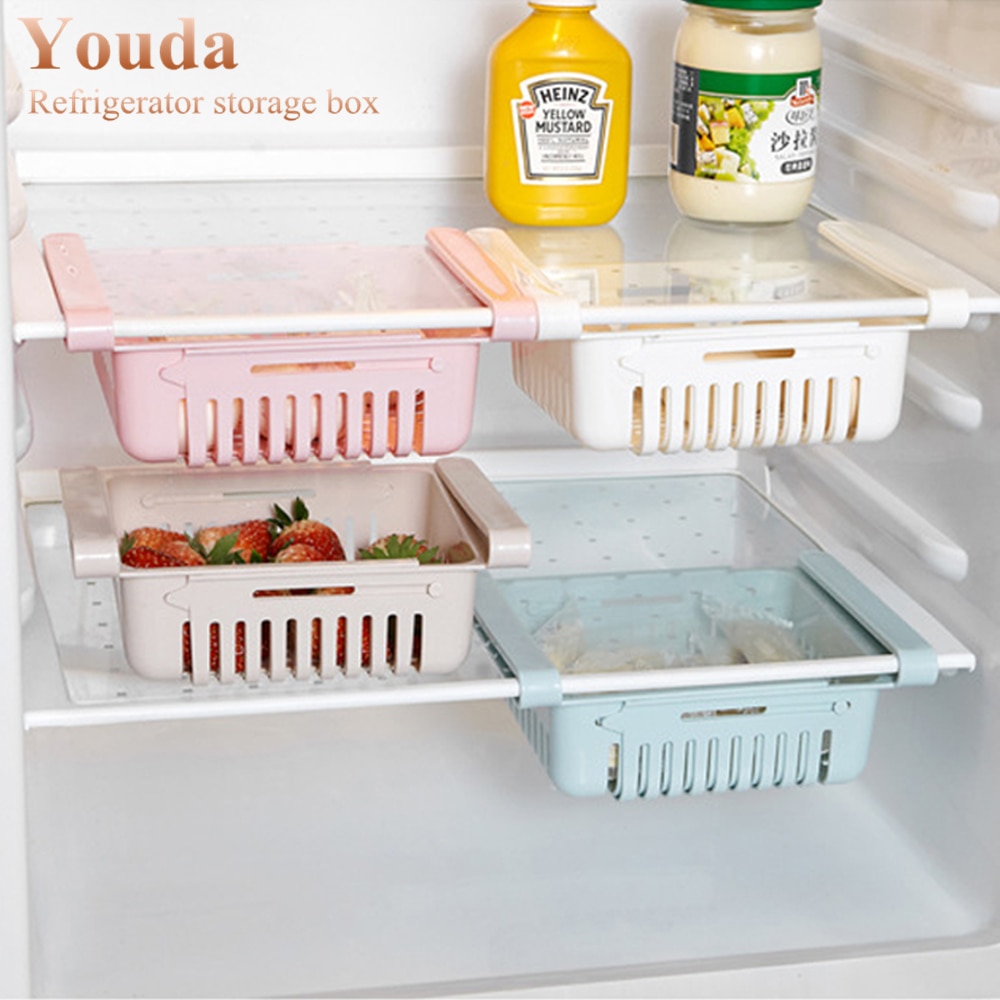 Køkkenorganiser justerbar køkken køleskab opbevaringsstativ køleskab fryser hyldeholder udtræksskuffe organiser pladsbesparende