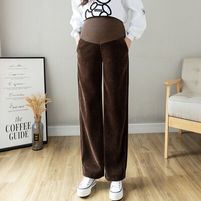 Pantalones de maternidad de pana gruesa y cálida para el embarazo, pantalón de maternidad de pierna ancha, cintura elástica suelta, vientre recto, n. ° 1512: Castaño / XXL
