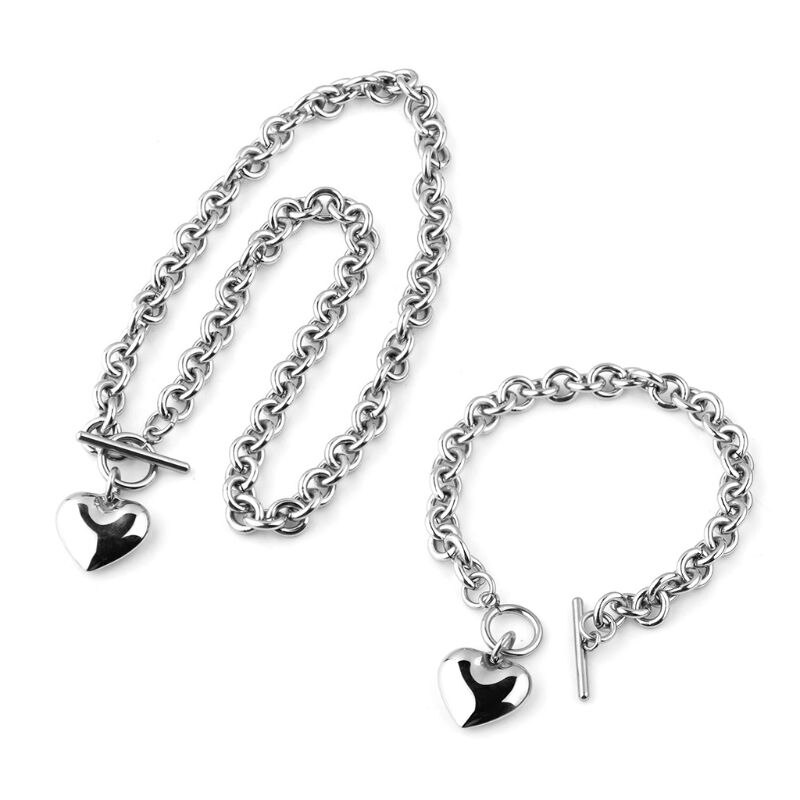 1 Set Women Stainless Steel Chain Heart Toggle Bracelet Necklace Jewelry Set: Default Title