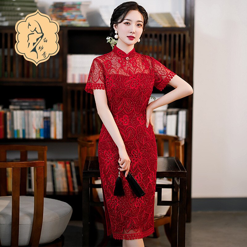 Qipao rojo para mujer, vestido chino clásico con bordado de flores, Sexy, Cheongsam de encaje, vestido largo calado de verano
