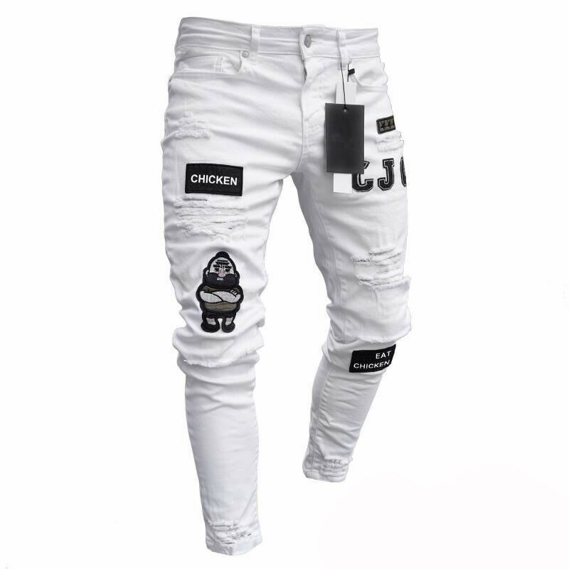 2 styles herre stretchy rippet skinny biker broderi print jeans ødelagt hul tapet slim fit denim ridset jean