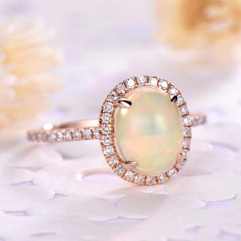 Huitan Gesimuleerde Opal Engagement Ring Voor Vrouwen Met Micro Verharde Rose Goud Kleur Ovale Opaal Ringen Voor Vrouwelijke ring