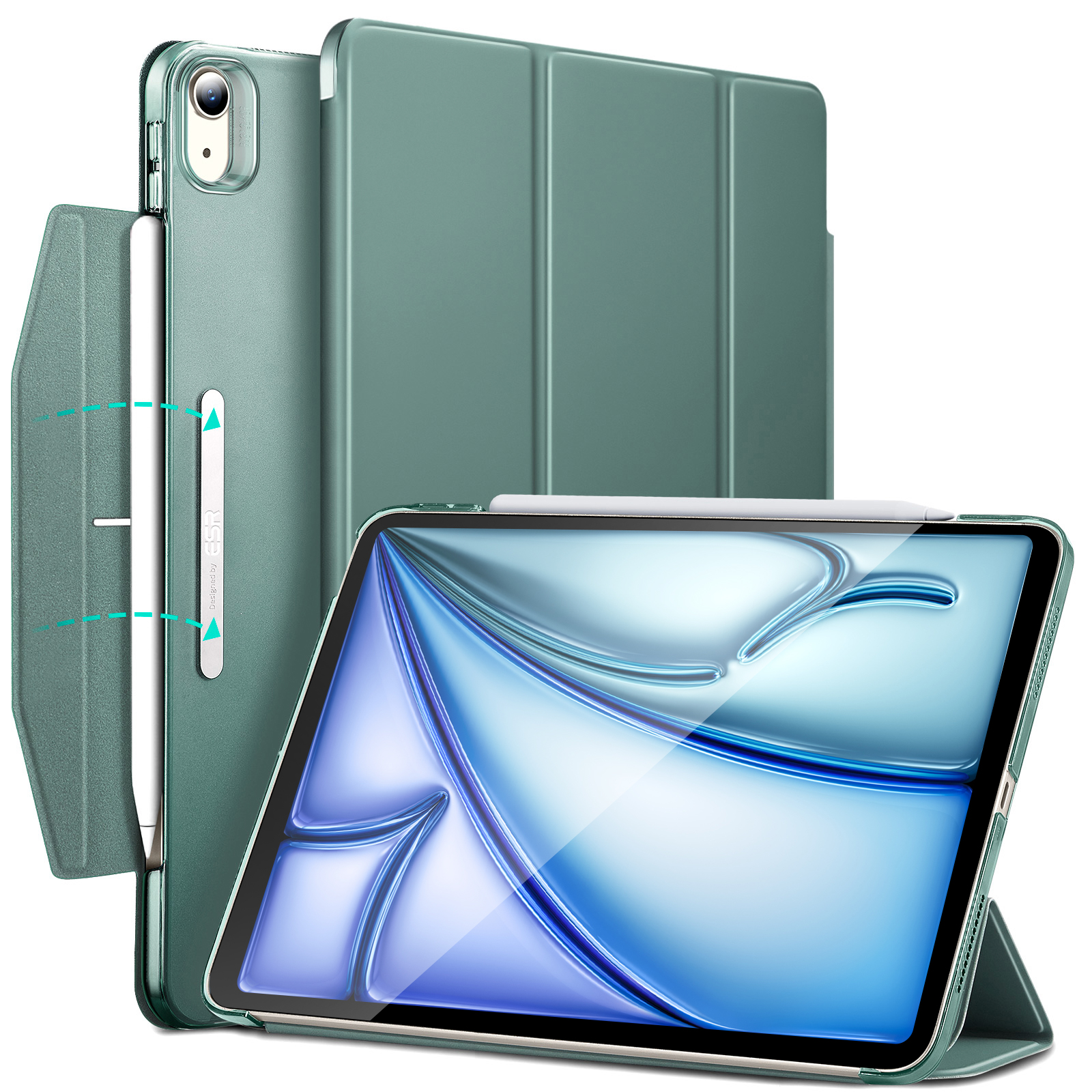 ESR for iPad Air 11/13 M2 Case Ascend Trifold Case Built-in Pencil Holder for iPad Pro 11/13 inch Back Cover 360 Protection: 4 / green