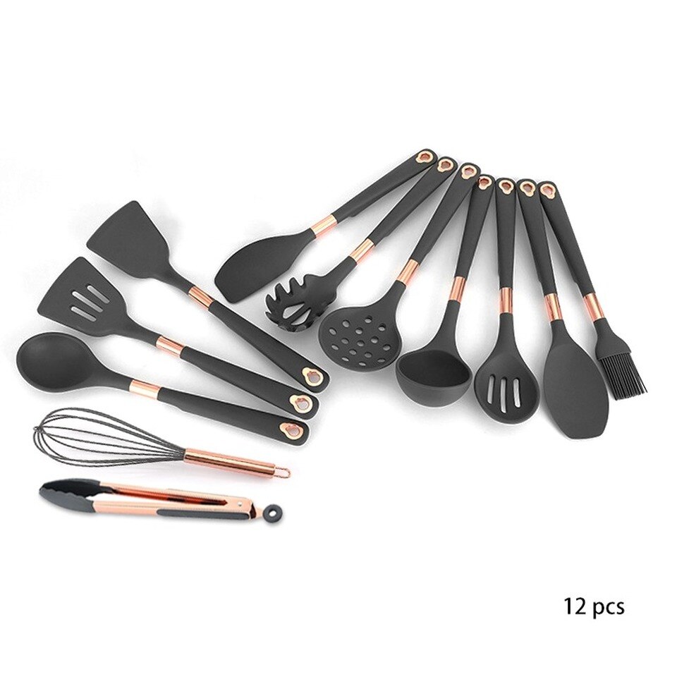 Silicone Kitchenware Set Cooking Tools Rose Gold-plated Simple Hanging Hole Easy To Store Kitchen Utensils Accessories Non-Stick: 12 PCS