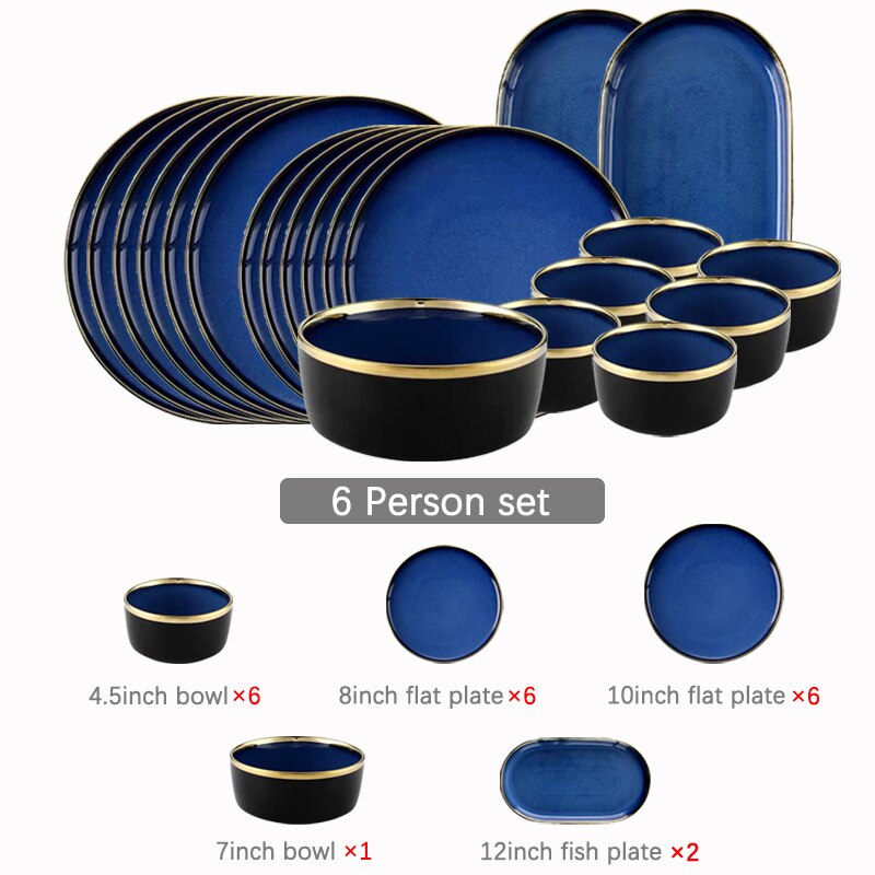 Service de vaisselle en céramique bleue, vaisselle de luxe, bordure dorée, porcelaine, assiettes, salade, nouilles, bol pour Restaurant