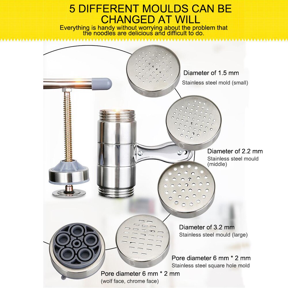 Utensilios de cocina Máquina Manual de fideos prensa máquina de Pasta manivela cortador de frutas exprimidor de utensilios de cocina con 5 moldes de prensado que hacen espagueti