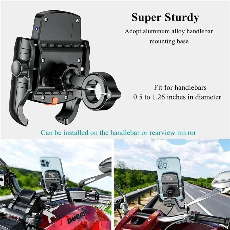 Motorfiets telefoonhouder met draadloze oplader, motorspiegel, mobiele telefoonhouder, usb-snellader, draadloze telefoonhouder