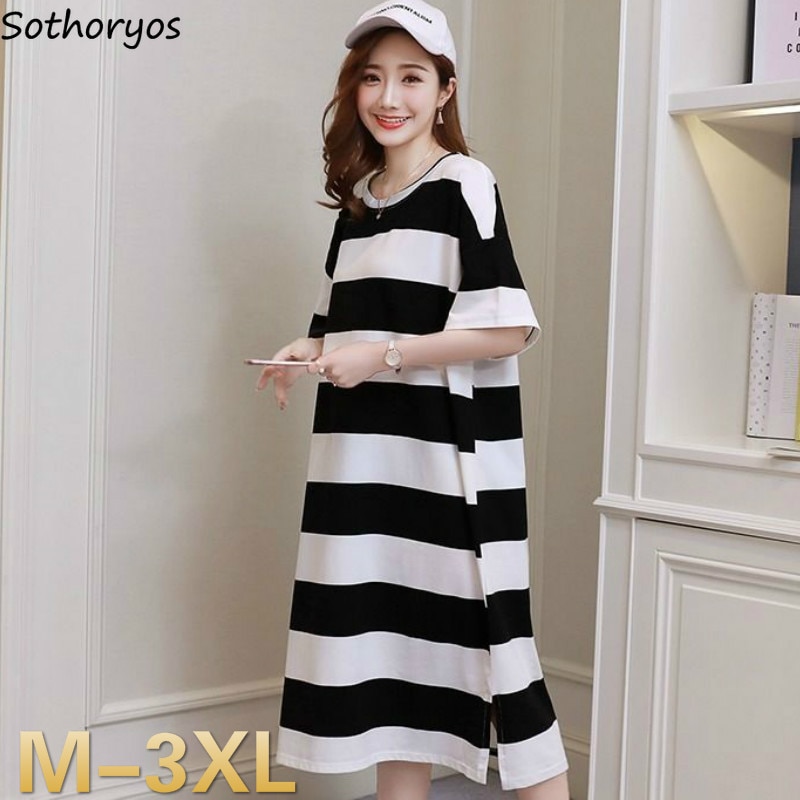 Nachthemden Vrouwen Gestreepte Korte Mouwloze Side-Split Eenvoudige Huidvriendelijke Slaap-Shirts Plus-Size 3XL vrouwelijke Losse Casual Mode