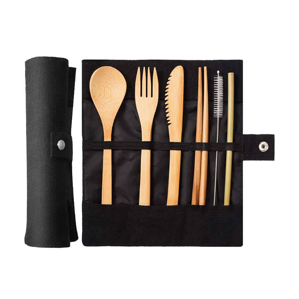 Travel Bamboo Cutlery Set Utensils Biodegradable Wooden Dinnerware Outdoor Portable Flatware Zero Waste Bamboo Tableware Set: BK