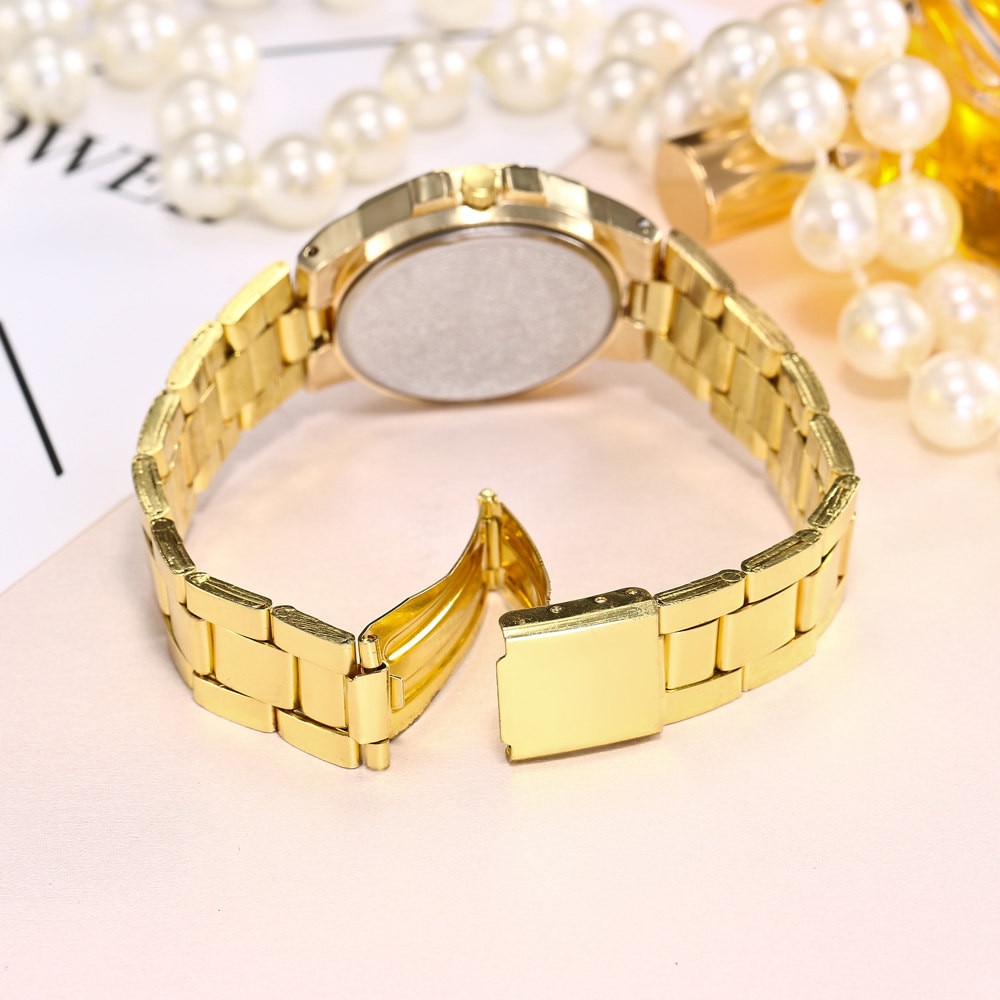 Kvinder arabiske tal urskive legering guld ure rustfrit stål bånd analog quartz rund armbåndsure kvinde reloj mujer