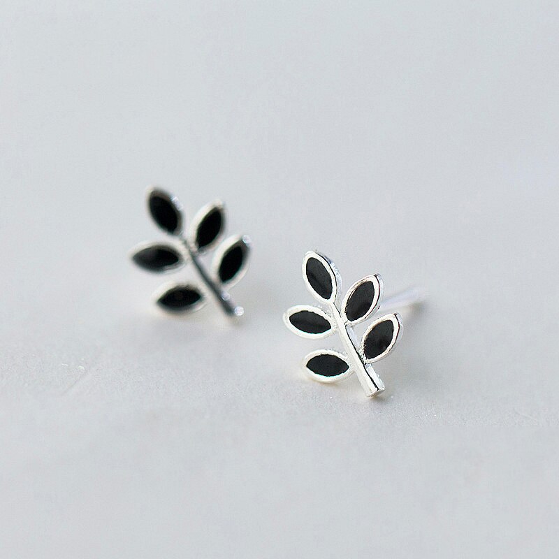 INZATT Minimalist Black Enamel Tiny Leaf Tree Stud Earrings 100% 925 Sterling Silver Prevent Allergy For Women FINE Jewelry: Default Title