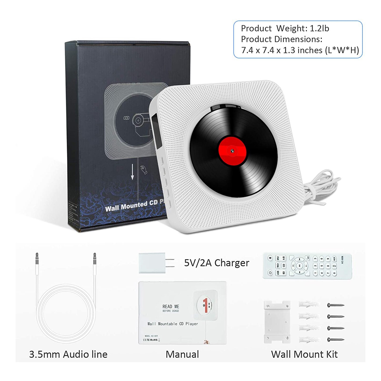 Heim-bluetooth-cd-player, wandmontage, fernbedienung mit kopfhöreranschluss