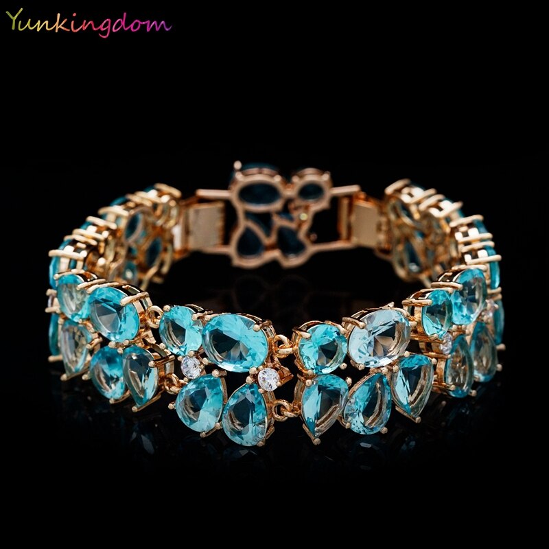 Beaux Bracelets et Bracelets attrayants pour les femmes couleur or bleu ovale Zircon Bracelets Bracelets goutte d'eau bijoux en cristal
