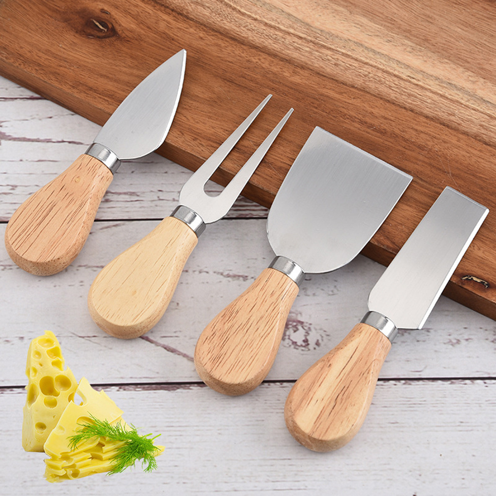 4 Cheese Knives Set Cheese Cutlery Steel Stainless Cheese Slicer Cutter Wood Handle Mini Knife,Butter Knife,Spatula&amp; ForK