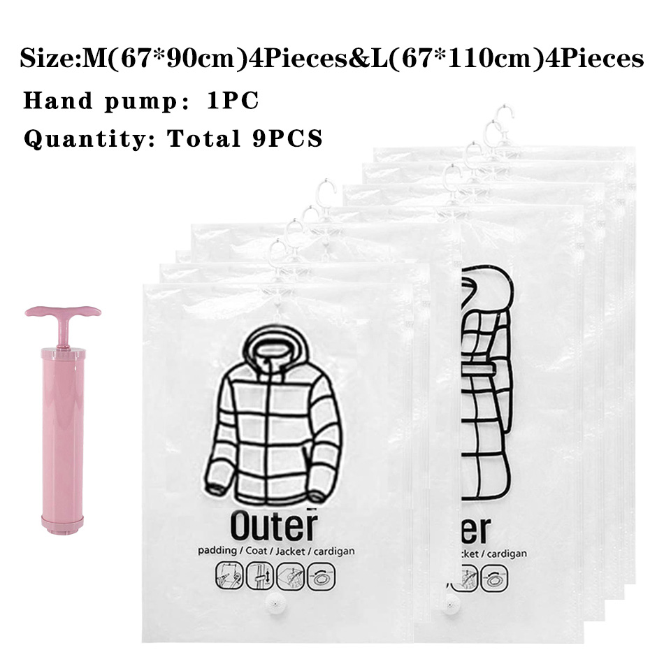 Hanging Vacuum Storage Bag Closet Organizer Space Saving Clear Seal Wardrobe Storage Bags With Hanger For Coats Jackets Suit: 4M 4L And Pump