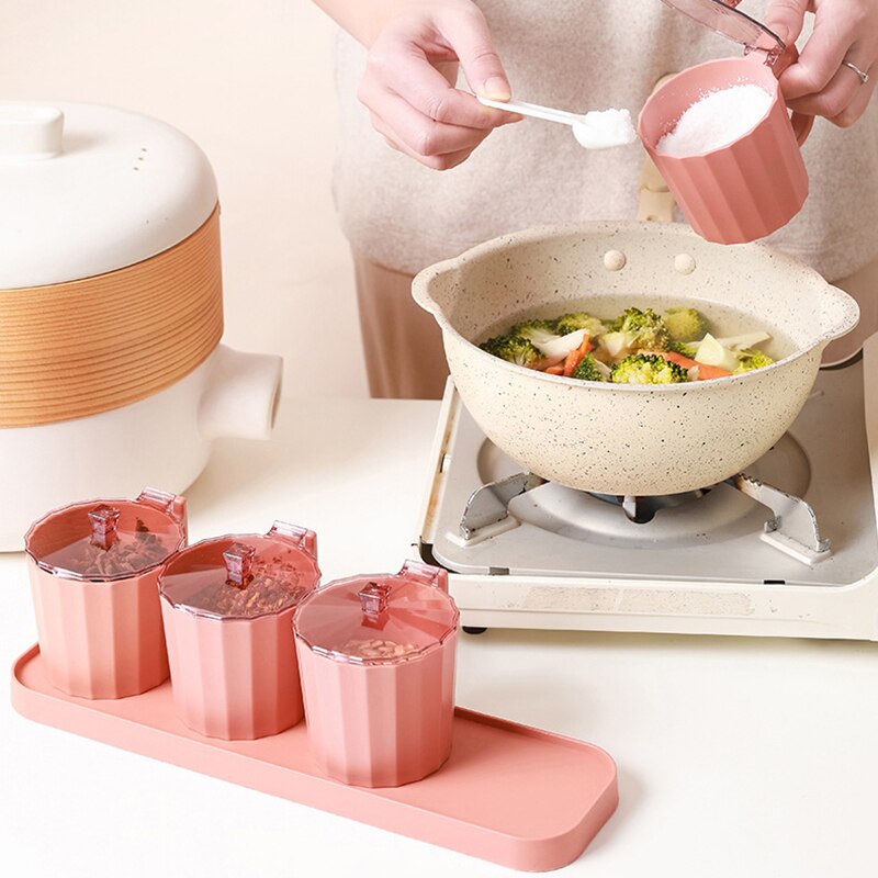 Kitchen Spice jar Set Multi-grids Seasoning Box With Lids Spoon Plastic Pepper Salt Condiment Bottle Kitchen Tools Accessories