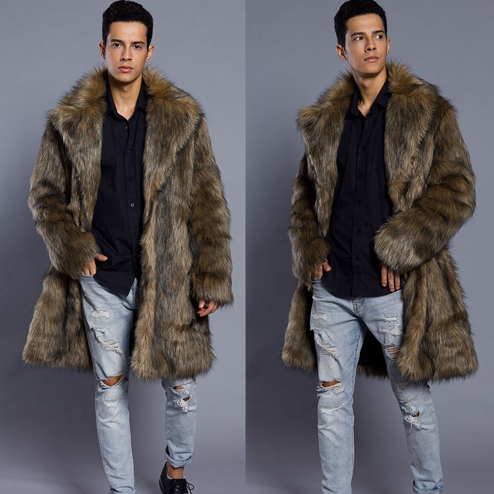 Herre varm tykk frakk jakke faux fur parka outwear cardigan motorsykkel sykkel frakk