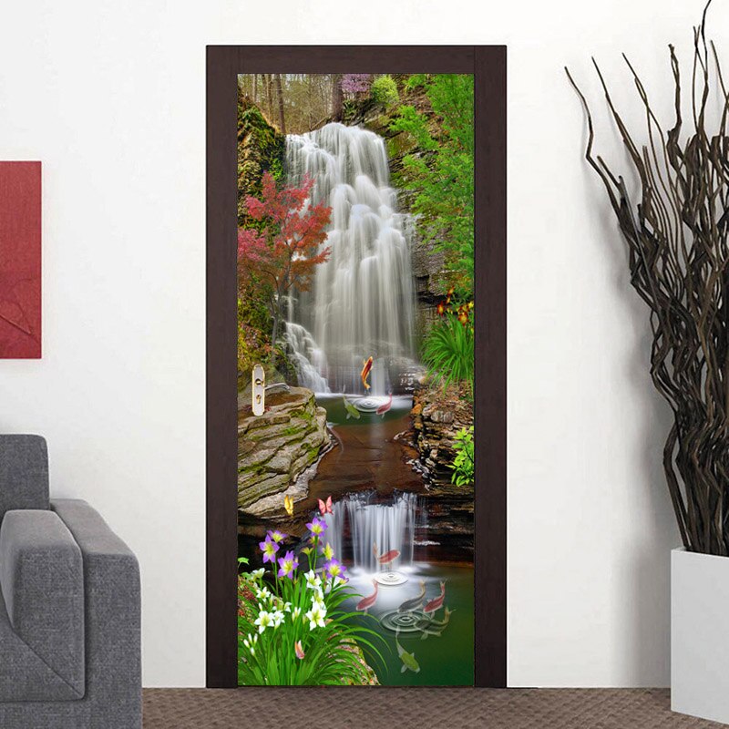 Lindo papel de parede 3d com cascata e paisagem, adesivo de porta para sala de estar, cozinha, à prova d'água, mural 3d, decoração de casa, decalque de porta