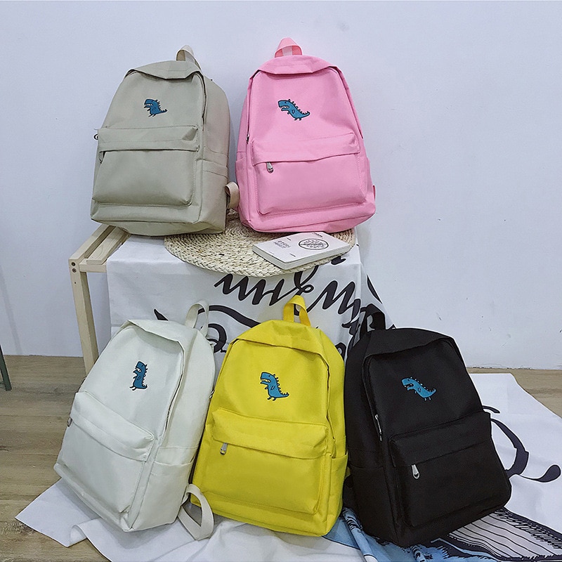 Coreano lona mochila estudante para meninas adolescentes mochila de viagem grande capacidade bonito dos desenhos animados dinossauro imprimir mochila casual