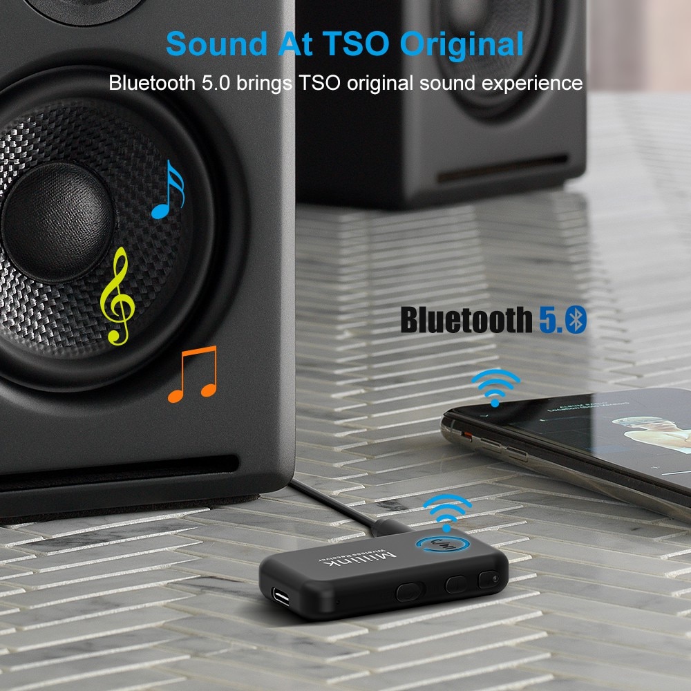 1mii ml100 receptor automotivo compatível com bluetooth 5.0, adaptador com microfone 14h de bateria longa de 3.5mm, aux bt para alto-falante e fone de ouvido