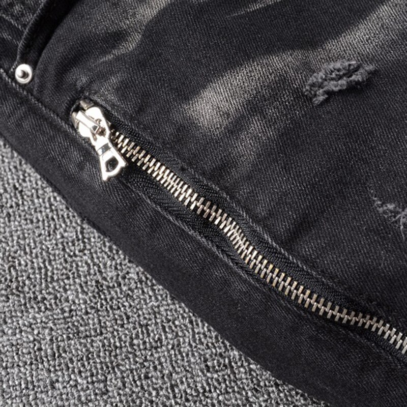 Sokotoo Men's PU leather patchwork biker jeans for motorcycle Slim skinny zippers black stretch denim pants