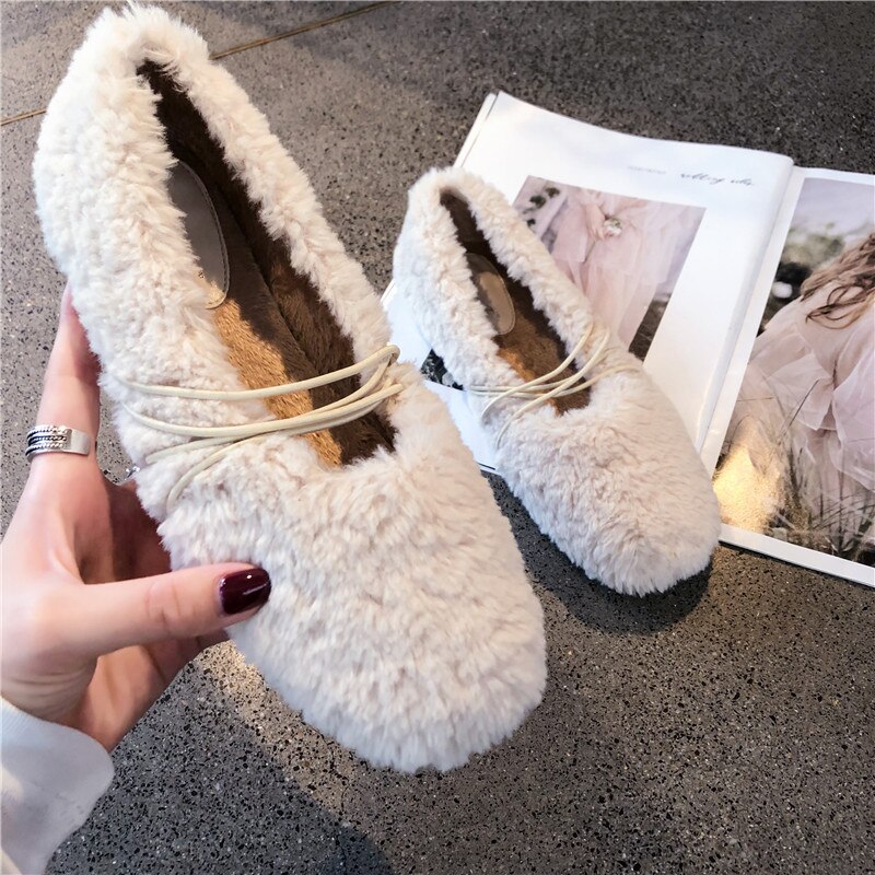 Lambswool furry ballerina ballet shoes women solid color loafers round toe moccasins cross elastic band flats curly fur shoes: apricot / 6.5