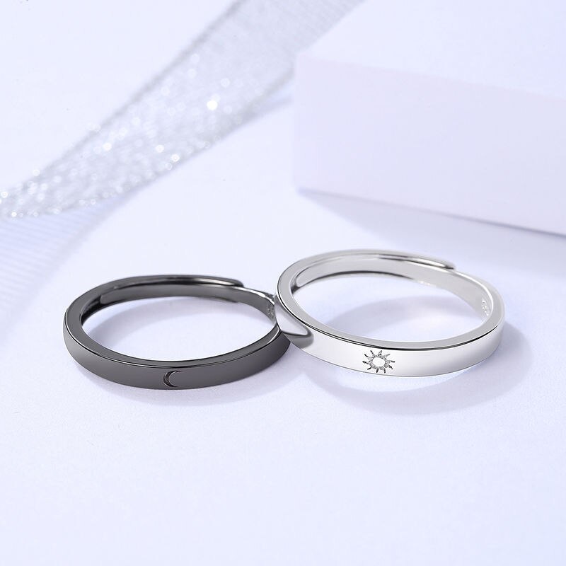Bagues de Couple pour femmes et hommes, ensemble de 2 pièces, soleil et lune, anneaux de mariage, doigt d'amoureux, couleur argent, bijoux assortis, de saint-valentin: Sun Moon Open 4