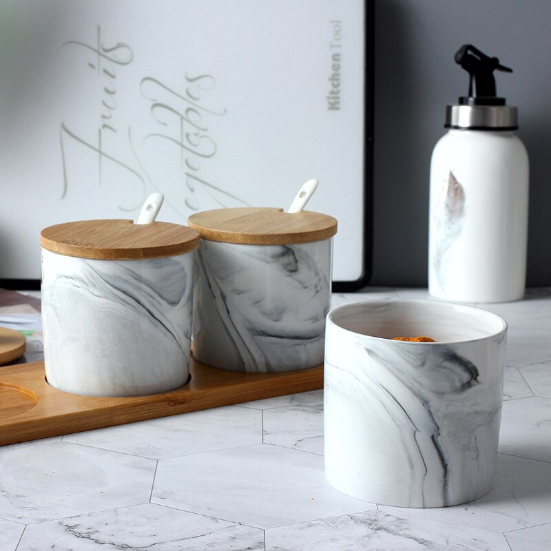 3 stk / sæt krydderkrukke nordisk marmor mønster keramisk salt sukker peber shaker krydderiboks køkken tilbehør opbevaringsflaske rack