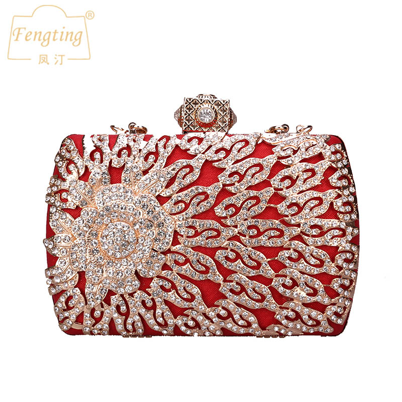 Red Rhinestone Evening bag Bridal Prom Clutch Purse Lady Diamond Wedding Handbags Gold Cross body Party Shoulder Bags FTB197: red
