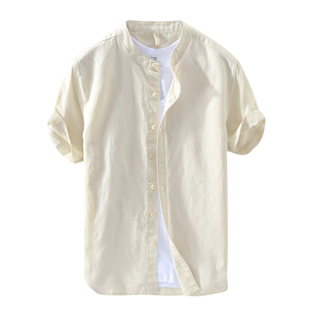 Nylig herre posete bomull lin fast kortermet knapp ned skjorter topper til sommeren fif 66: beige / S