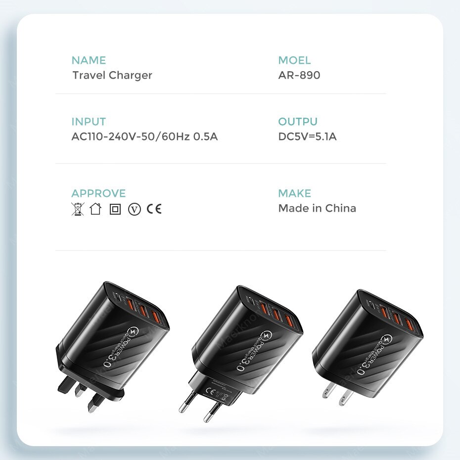 PD 30W USB Charger Type USB C Quick Charge 3.0 4 Port Mobile Phone Fast Charger for iPhone 12 Samsung Xiaomi Macbook Tablet UK