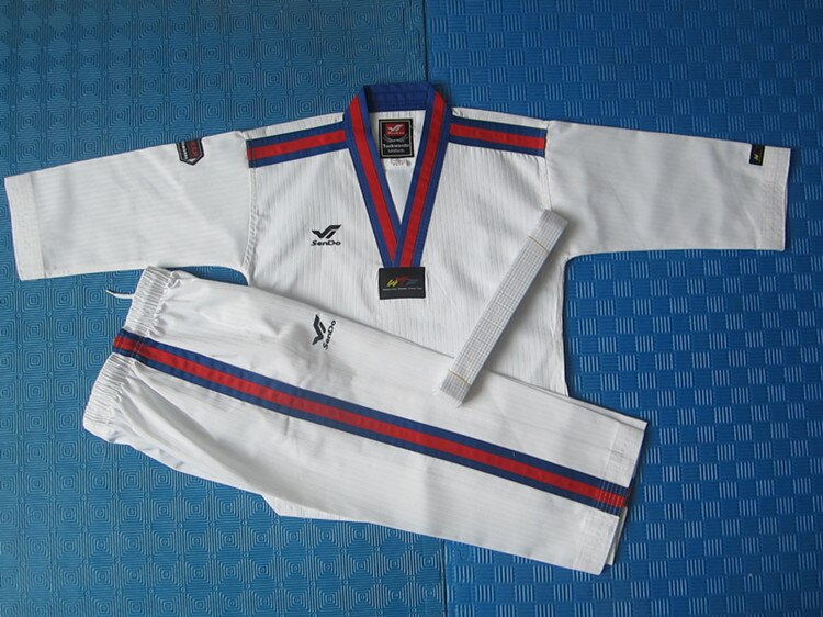 Taekwondo tøj efterår og vinter wtf doboks børn voksen træning uniform 100%  bomuld behagelig blå rød striber krave