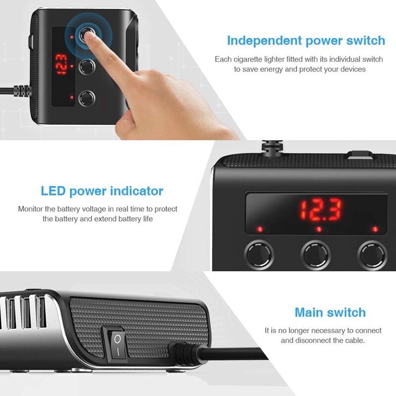 12V/24V Auto Sigarettenaansteker Adapter 100W Auto Lader Met 4 Usb-poorten En 3 Sockets sigarettenaansteker Power Splitter, on/Off S