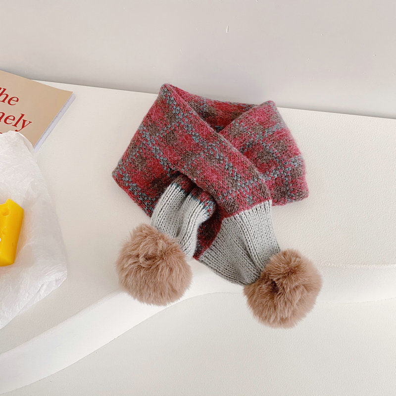 Mode Stiksels Plaid Kinderen Pompom Cross Sjaal Herfst En Winter Jongens En Meisjes Baby Warm Gebreide Sjaals: jiuhongkalanhui