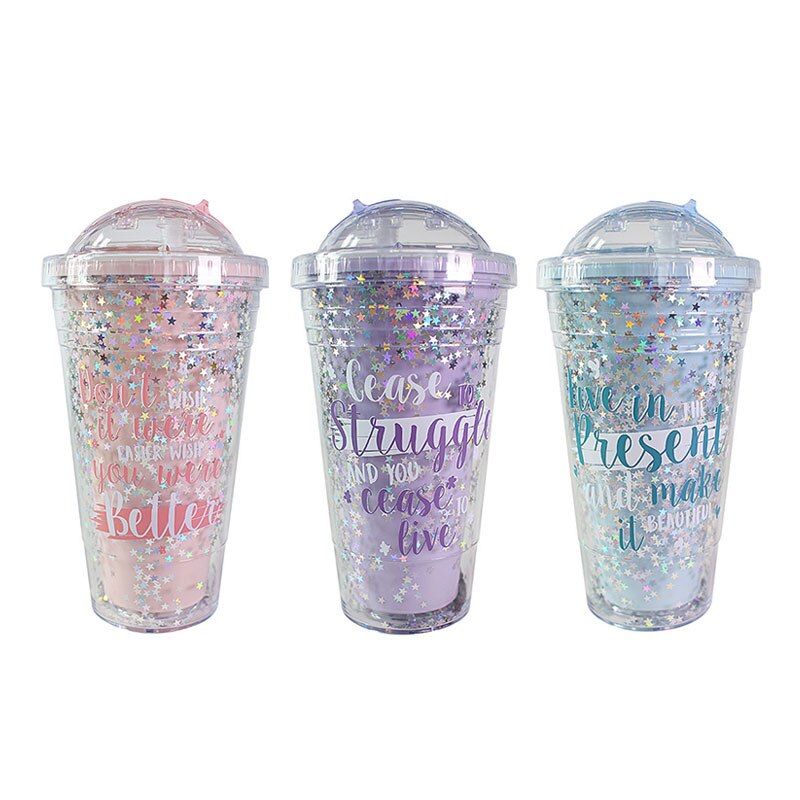 Beautiful Stars Doodle Pattern Cups double Layer Plastic Tumbler Coffee Travel Mug With Straw Lid Lady Girl's Coffee Cup