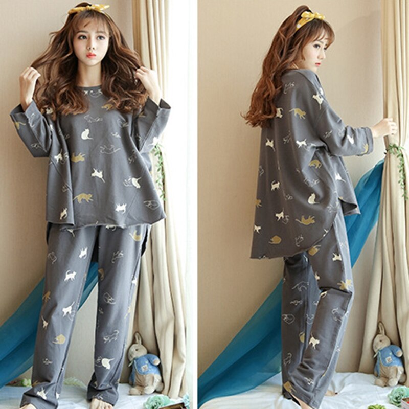 Conjunto de pijama de invierno de franela gruesa para mujer, Conjunto de pijama de manga larga de tres piezas cálido con estampado de gato, pantalones enteros, ropa de dormir de dos piezas