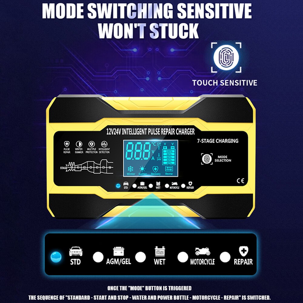 Chargeur de réparation d'impulsions de voiture 12V/5A 24V/10A, avec écran LCD, pour batterie de moto, automatique, intelligent, en 7 étapes, rapide