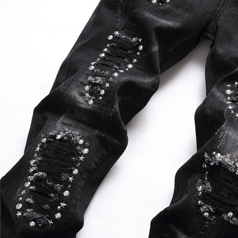 Pantalones vaqueros elásticos de estilo americano y europeo para hombre, Jeans negros rasgados con remaches, pantalones de pierna pequeña a la ,