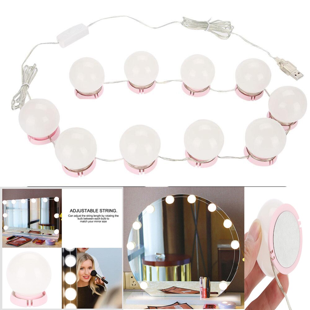 10pcs Makeup Mirror Bulbs Kit 10 W with LED Light + 20pcs tapes Vanity Mirror Cosmetic Makeup Brightness Adjustable Bulbs Pink