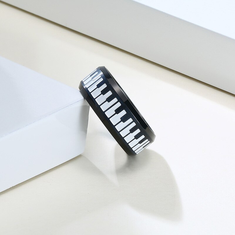 Unieke Toetsenbord Ring Voor Mannen Roestvrij Staal Muziek Piano Platte Profiel Twee Tone Ring