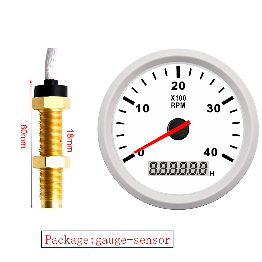 85mm Gauge Car Boat M16/M18 Tacho Sensor Marine Tacho Meter with LCD Hourmeter 4000 RPM Boat Tachometer 12V/24V Red Backlight: WW M18 sensor