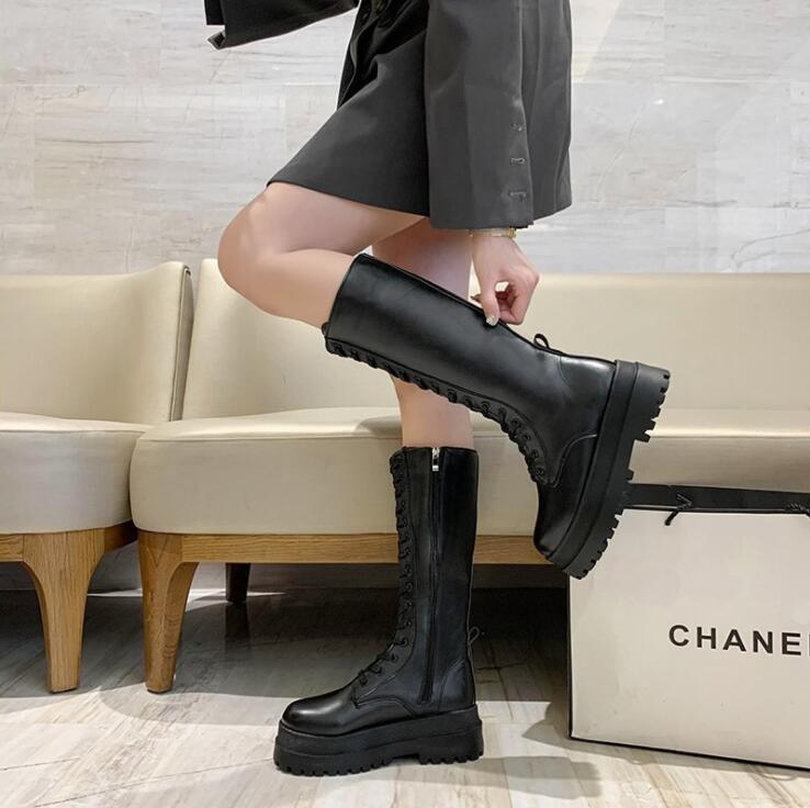 Antumn-Botas de combate para mujer, zapatos góticos de plataforma alta para mujer, botas de cuero negro con cordones, botines hasta la rodilla Martin