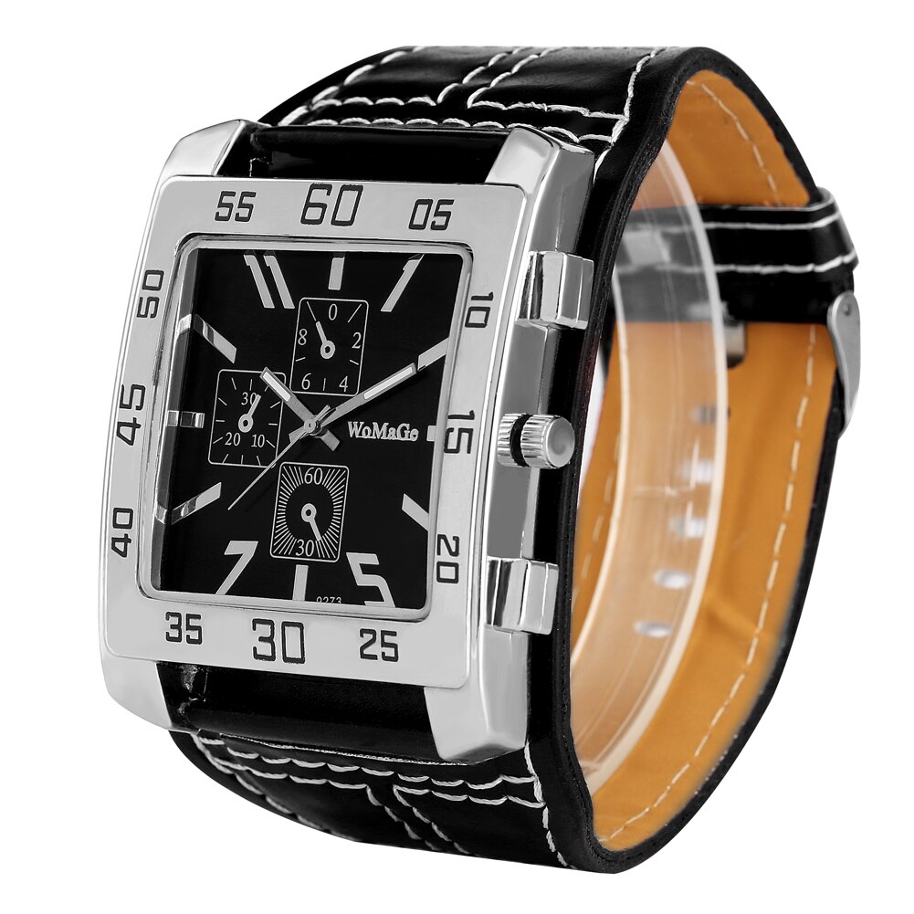 Stor stor firkantet urskive gotisk punk rock ur herre stil stort bredt læder armbånd manchet herre armbåndsur relogio masculino: Sort