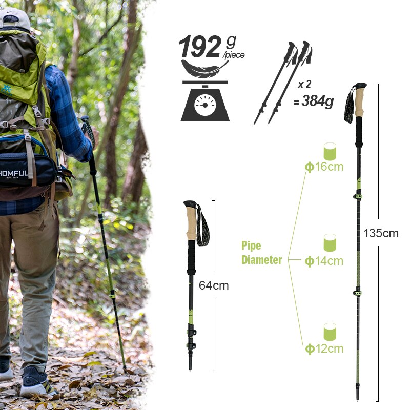 Hitorhike par /2 stk kulfiber trekking stave nordiske vandrestave carbon trekking stick alpenstock vandrestok til turisme