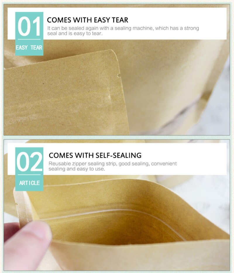 100 Pcs Thickened Front Transparent Kraft Paper Bag Nut Tea Self-standting Ziplock Package Bag Food Packaging Pouches