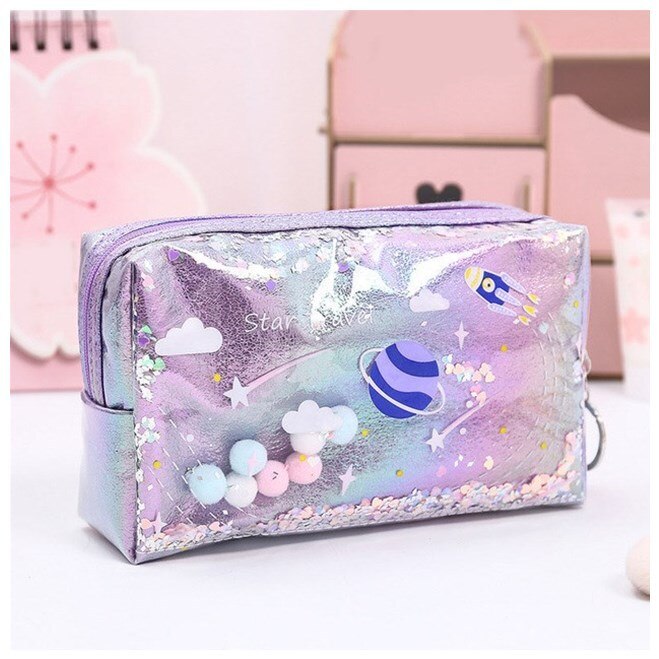 Star Pencil Case Glitter Large Capacity Pencilcase School Pen Makeup Case Supplies Pencil Bag School Box Pencil Pouch Stationery: Purple