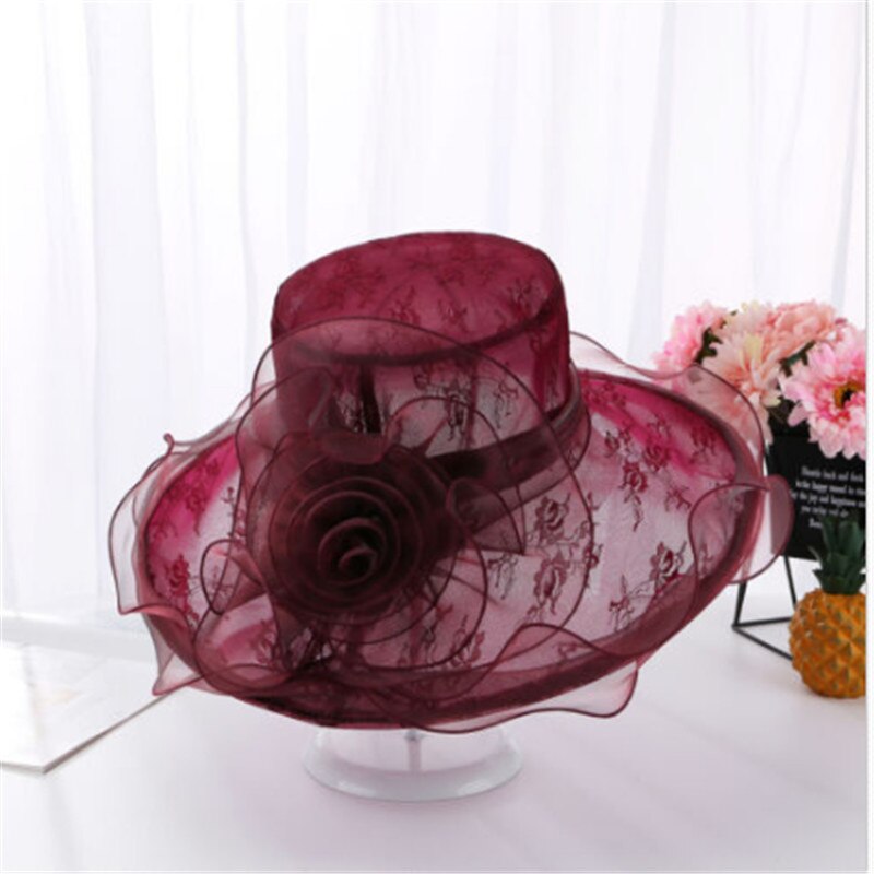verano elegantes sombreros de playa para mujeres de ala ancha de encaje Floppy sombrero señora té gorras mujer playa UV sol gorros señora sombrero al aire libre: Wine Red
