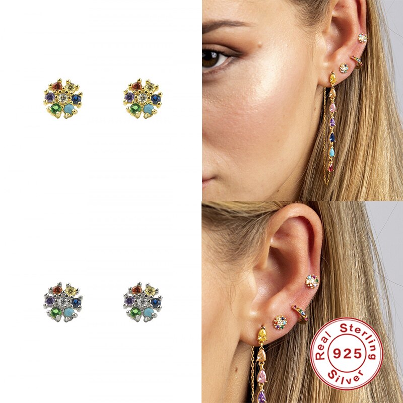 ROXI Colorful 6 Colors Flower Stud Earrings for Women Girls Wedding Piercing Earrings Cartilage 925 Sterling Silver Pendientes
