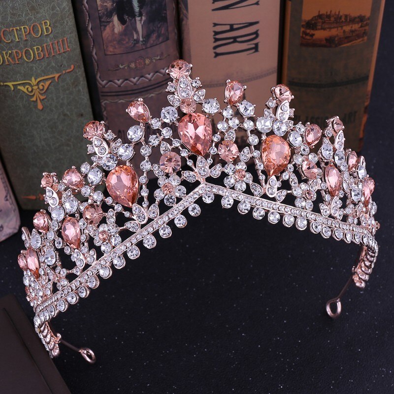 Di lusso Con Strass Diademi Nuziali Crown Barocco Argento Placcato di Cristallo Diadema per la Sposa Fasce di Cerimonia Nuziale Dei Monili Dei Capelli Accessori: Rose Gold Peach